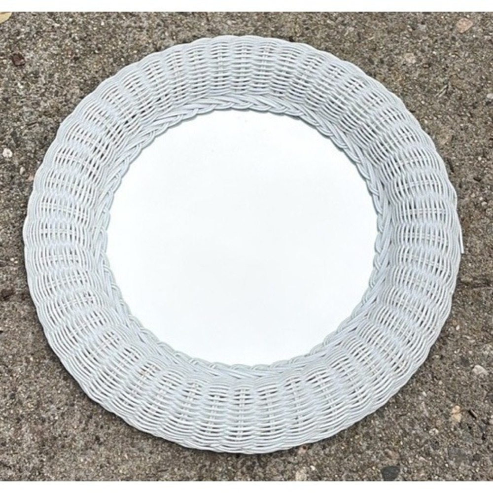 Vintage Round White Wicker Mirror 19"